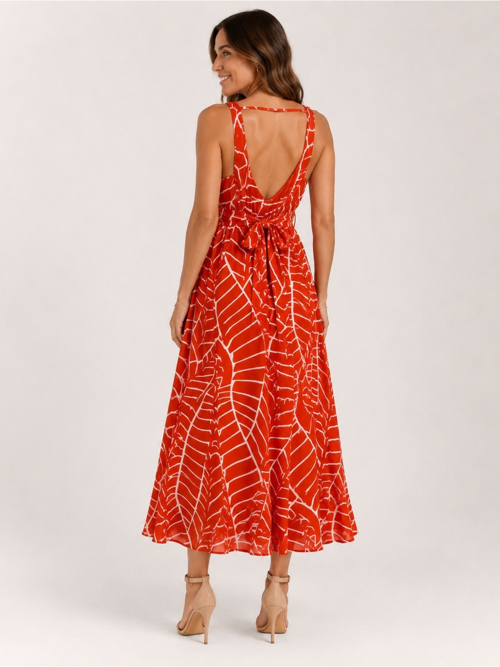 Susan Monaco Orange White Geometric Tie Back Midi Dress Size 6 - Picture 2 of 16